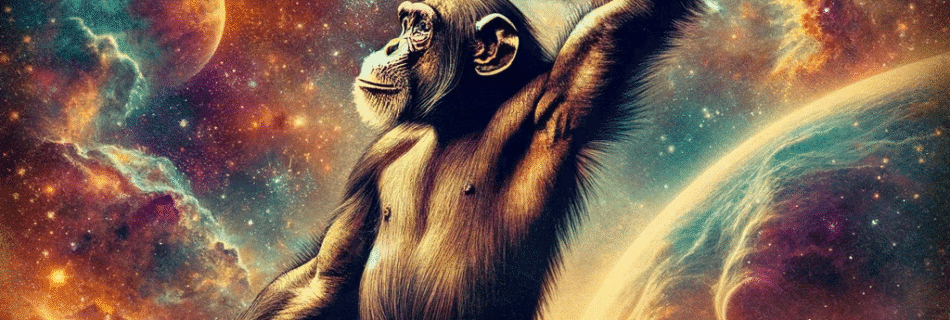 Chimpanzee in a yoga lunge pose against a cosmic galaxy background