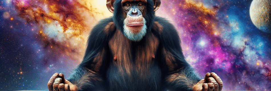 Chimpanzee meditating cross-legged on the moon with planets and a galaxy behind