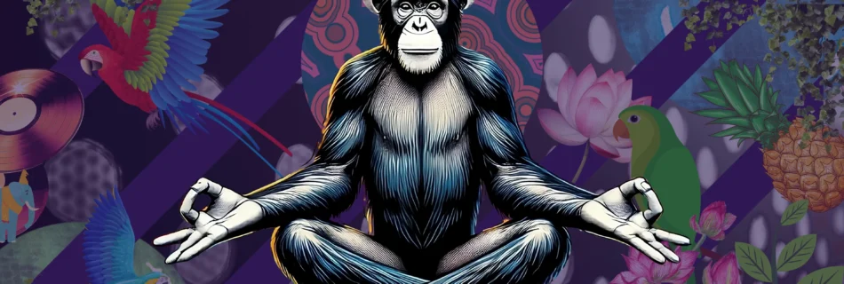 Chimpanzee meditating in lotus pose on a colourful tropical background – Electronic Yoga